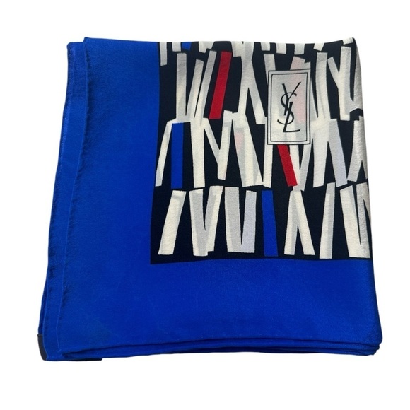 YSL Vintage 80s Blue Abstract Silk Scarf 34" - Picture 2 of 9